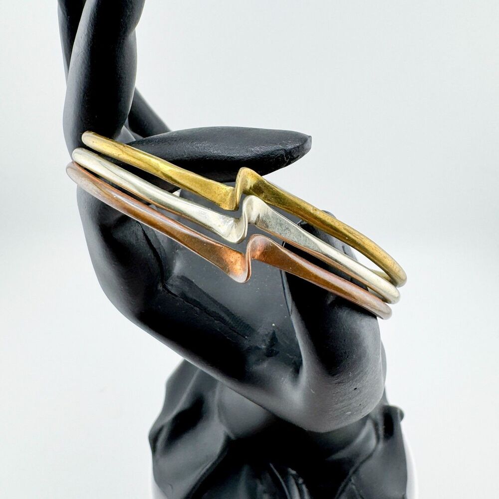 Vintage Tri Tone Mixed Metal Zigzag Cuff Bracelet Modernist Copper Brass